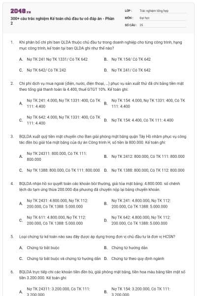 300+ câu trắc nghiệm Kế toán chủ đầu tư có đáp án - Phần 2