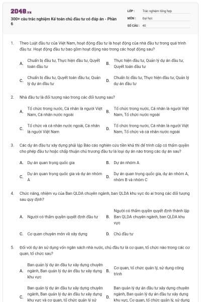 300+ câu trắc nghiệm Kế toán chủ đầu tư có đáp án - Phần 6