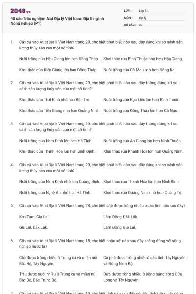 40 câu  Trắc nghiệm Alat Địa lý Việt Nam: Địa lí ngành Nông nghiệp (P1)