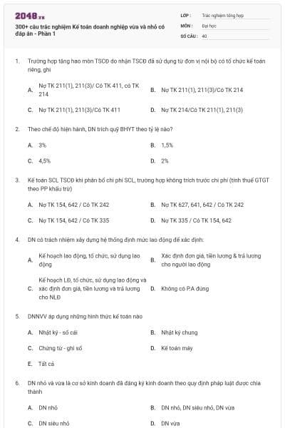300+ câu trắc nghiệm Kế toán doanh nghiệp vừa và nhỏ có đáp án - Phần 1
