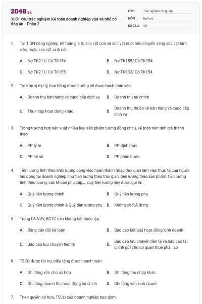 300+ câu trắc nghiệm Kế toán doanh nghiệp vừa và nhỏ có đáp án - Phần 2
