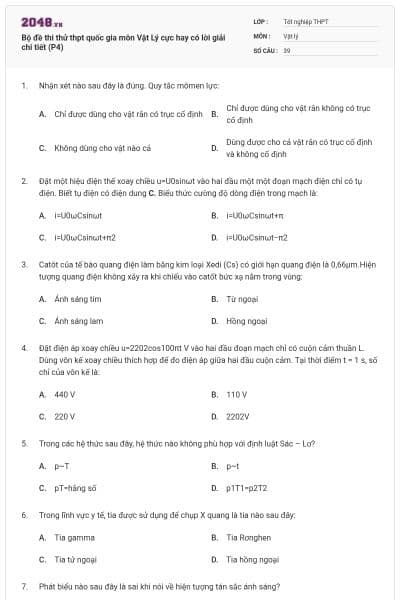 Bộ đề thi thử thpt quốc gia môn Vật Lý cực hay có lời giải chi tiết (P4)
