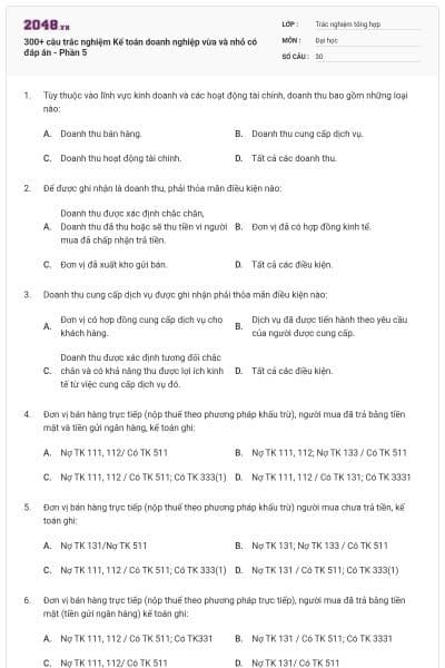300+ câu trắc nghiệm Kế toán doanh nghiệp vừa và nhỏ có đáp án - Phần 5