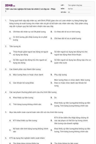 100+ câu trắc nghiệm Kế toán tài chính 2 có đáp án - Phần 1