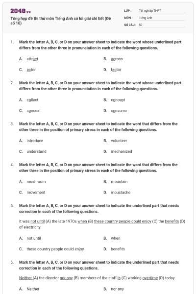 Tổng hợp đề thi thử môn Tiếng Anh có lời giải chi tiết (Đề số 10)