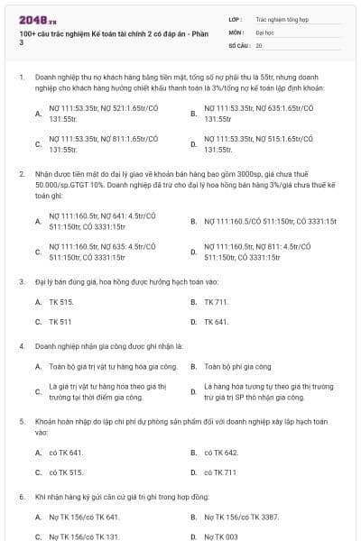 100+ câu trắc nghiệm Kế toán tài chính 2 có đáp án - Phần 3