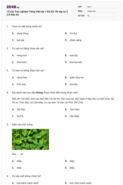 10 câu Trắc nghiệm Tiếng Việt lớp 1 Bài 83: Ôn tập số 3 (có đáp án)