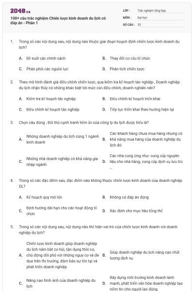100+ câu trắc nghiệm Chiến lược kinh doanh du lịch có đáp án - Phần 1