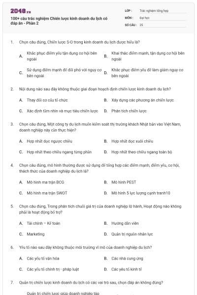 100+ câu trắc nghiệm Chiến lược kinh doanh du lịch có đáp án - Phần 2