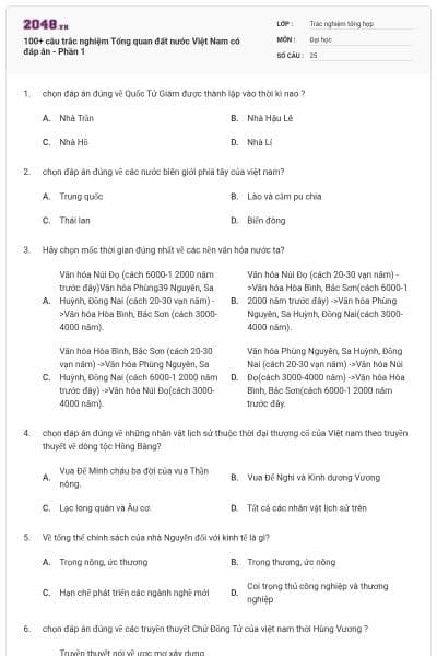100+ câu trắc nghiệm Tổng quan đất nước Việt Nam có đáp án - Phần 1