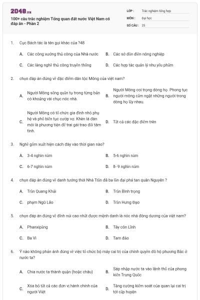 100+ câu trắc nghiệm Tổng quan đất nước Việt Nam có đáp án - Phần 2