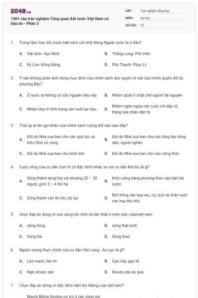 100+ câu trắc nghiệm Tổng quan đất nước Việt Nam có đáp án - Phần 3
