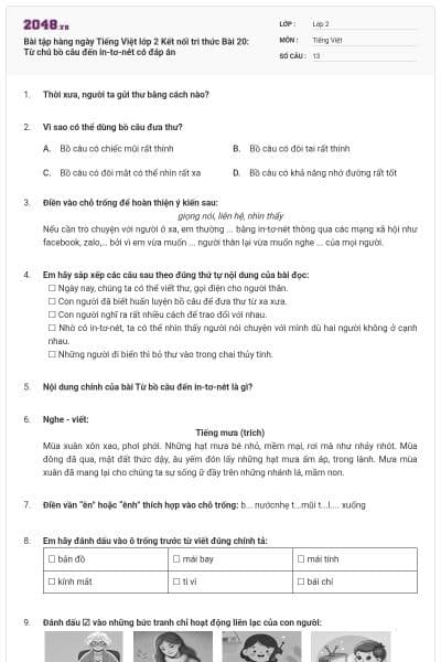 Bài tập hàng ngày Tiếng Việt lớp 2 Kết nối tri thức Bài 20: Từ chú bồ câu đến in-tơ-nét có đáp án