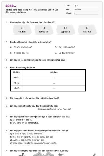 Bài tập hàng ngày Tiếng Việt lớp 2 Cánh diều Bài 10: Vui đến trường có đáp án