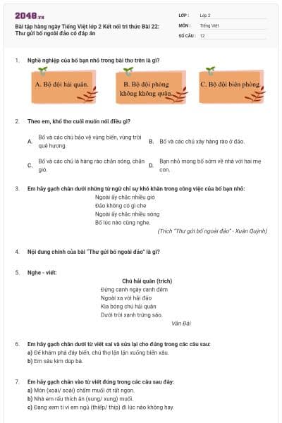 Bài tập hàng ngày Tiếng Việt lớp 2 Kết nối tri thức Bài 22: Thư gửi bố ngoài đảo có đáp án