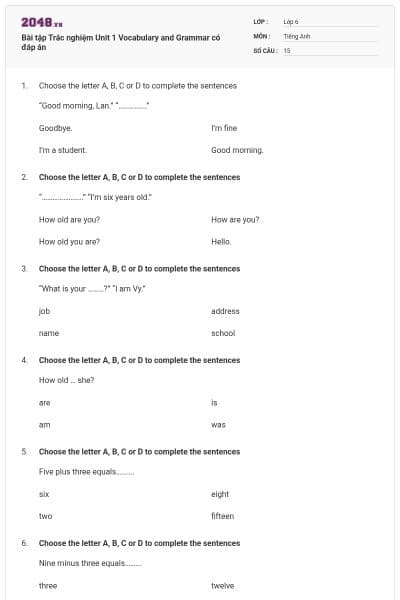 Bài tập Trắc nghiệm Unit 1 Vocabulary and Grammar có đáp án