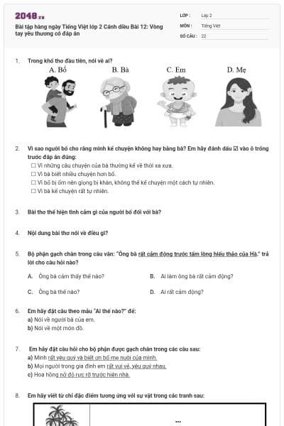 Bài tập hàng ngày Tiếng Việt lớp 2 Cánh diều Bài 12: Vòng tay yêu thương  có đáp án