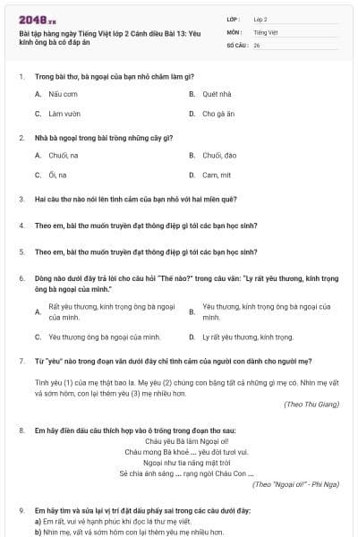 Bài tập hàng ngày Tiếng Việt lớp 2 Cánh diều Bài 13: Yêu kính ông bà có đáp án