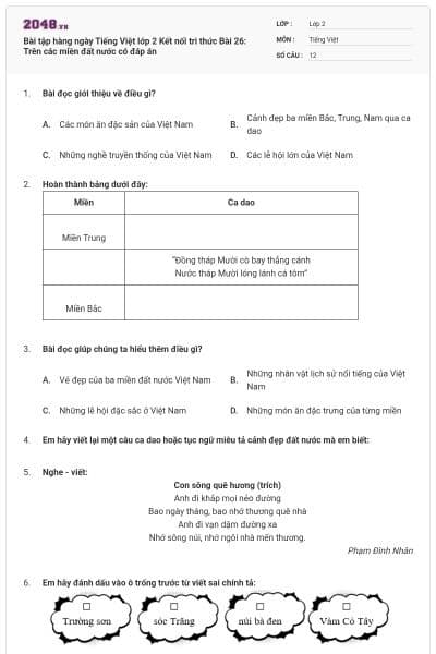 Bài tập hàng ngày Tiếng Việt lớp 2 Kết nối tri thức Bài 26: Trên các miền đất nước có đáp án