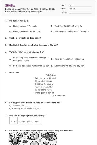 Bài tập hàng ngày Tiếng Việt lớp 2 Kết nối tri thức Bài 28: Khám phá đáy biển ở Trường Sa có đáp án