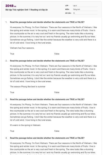 Bài tập Trắc nghiệm Unit 1 Reading có đáp án