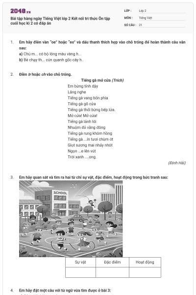Bài tập hàng ngày Tiếng Việt lớp 2 Kết nối tri thức Ôn tập cuối học kì 2 có đáp án
