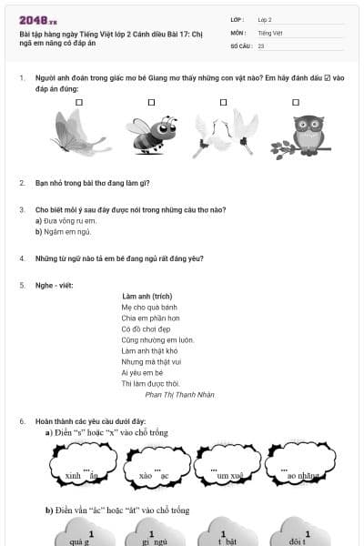 Bài tập hàng ngày Tiếng Việt lớp 2 Cánh diều Bài 17: Chị ngã em nâng có đáp án