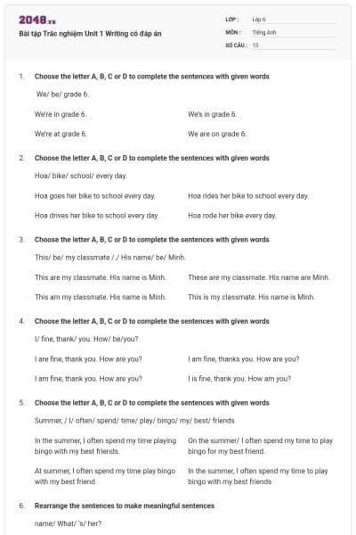 Bài tập Trắc nghiệm Unit 1 Writing có đáp án