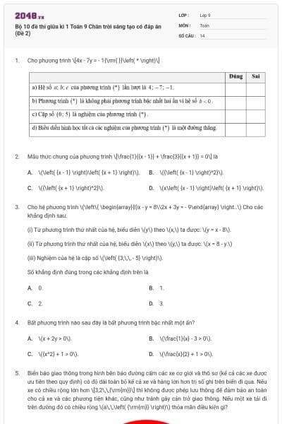 Bộ 10 đề thi giữa kì 1 Toán 9 Chân trời sáng tạo có đáp án (Đề 2)