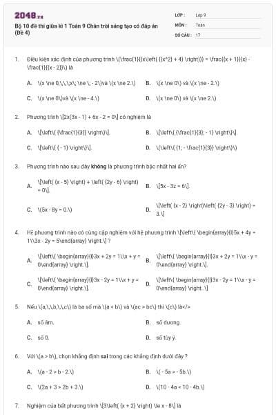 Bộ 10 đề thi giữa kì 1 Toán 9 Chân trời sáng tạo có đáp án (Đề 4)