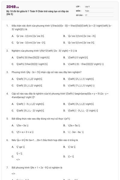 Bộ 10 đề thi giữa kì 1 Toán 9 Chân trời sáng tạo có đáp án (Đề 5)