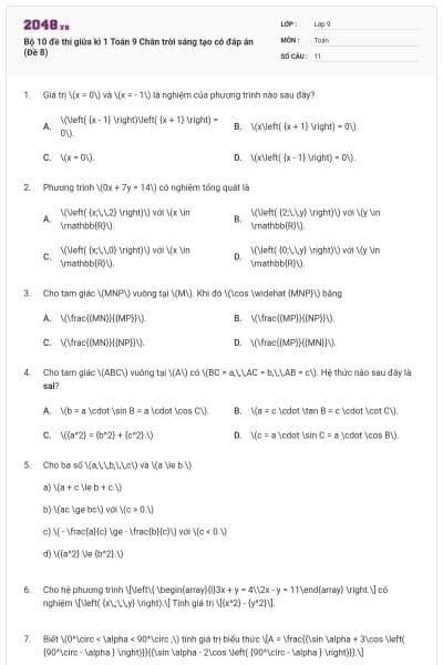 Bộ 10 đề thi giữa kì 1 Toán 9 Chân trời sáng tạo có đáp án (Đề 8)
