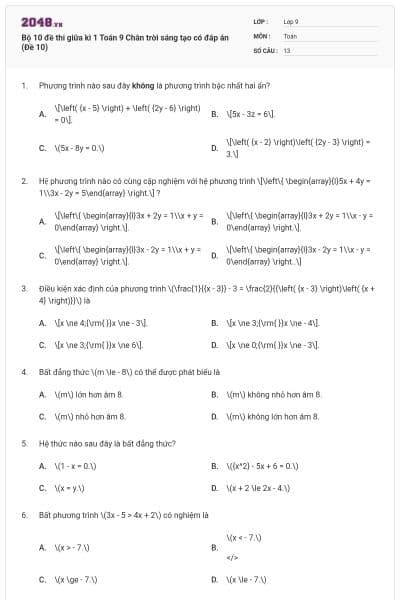 Bộ 10 đề thi giữa kì 1 Toán 9 Chân trời sáng tạo có đáp án (Đề 10)