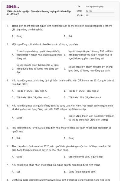 100+ câu trắc nghiệm Giao dịch thương mại quốc tế có đáp án - Phần 2