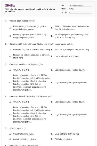 100+ câu trắc nghiệm Logistics và vận tải quốc tế có đáp án - Phần 1