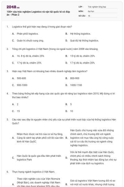 100+ câu trắc nghiệm Logistics và vận tải quốc tế có đáp án - Phần 2