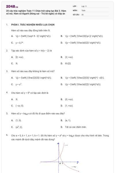 20 câu trắc nghiệm Toán 11 Chân trời sáng tạo Bài 3. Hàm số mũ. Hàm số lôgarit (Đúng sai - Trả lời ngắn) có đáp án