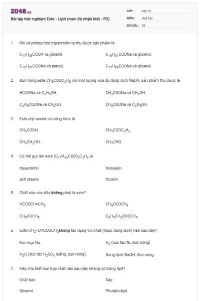 Bài tập trắc nghiệm Este - Lipit (mức độ nhận biết - P2)