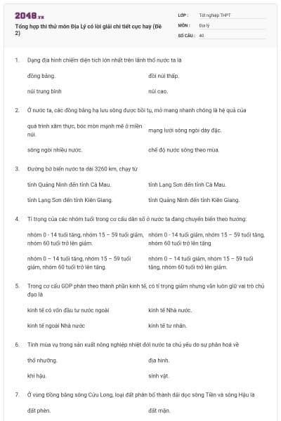 Tổng hợp thi thử môn Địa Lý có lời giải chi tiết cực hay (Đề 2)