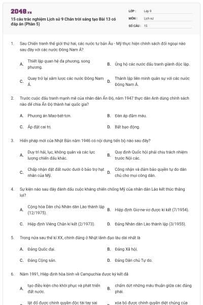 15 câu trắc nghiệm Lịch sử 9 Chân trời sáng tạo Bài 13 có đáp án (Phần 5)