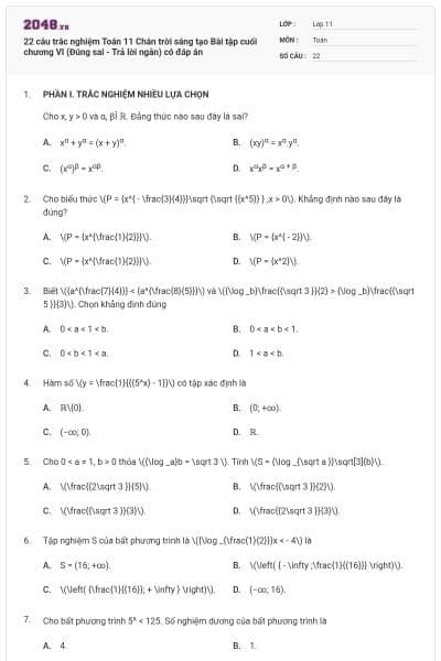 22 câu trắc nghiệm Toán 11 Chân trời sáng tạo Bài tập cuối chương VI (Đúng sai - Trả lời ngắn) có đáp án