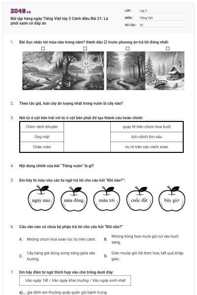 Bài tập hàng ngày Tiếng Việt lớp 2 Cánh diều Bài 21: Lá phổi xanh có đáp án