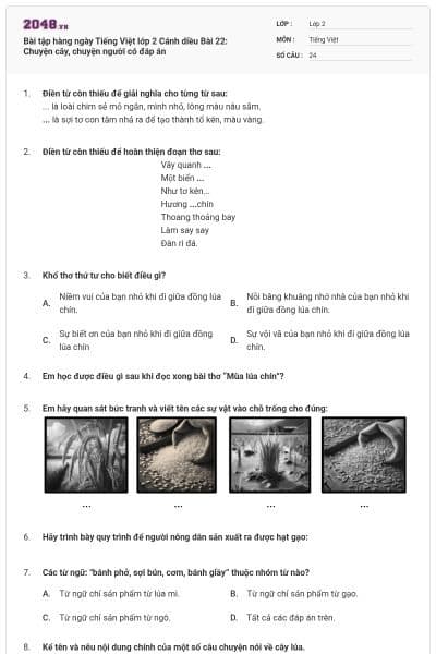 Bài tập hàng ngày Tiếng Việt lớp 2 Cánh diều Bài 22: Chuyện cây, chuyện người có đáp án