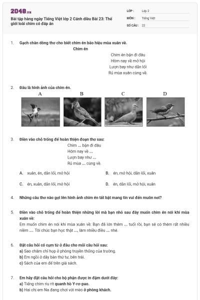 Bài tập hàng ngày Tiếng Việt lớp 2 Cánh diều Bài 23: Thế giới loài chim có đáp án