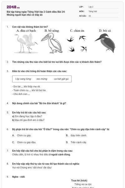 Bài tập hàng ngày Tiếng Việt lớp 2 Cánh diều Bài 24: Những người bạn nhỏ có đáp án