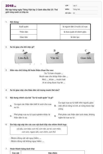 Bài tập hàng ngày Tiếng Việt lớp 2 Cánh diều Bài 25: Thế giới rừng xanh có đáp án