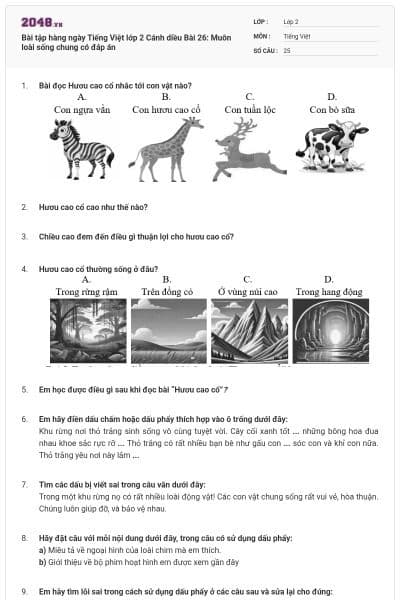 Bài tập hàng ngày Tiếng Việt lớp 2 Cánh diều Bài 26: Muôn loài sống chung có đáp án