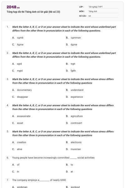 Tổng hợp đề thi Tiếng Anh có lời giải (Đề số 23)