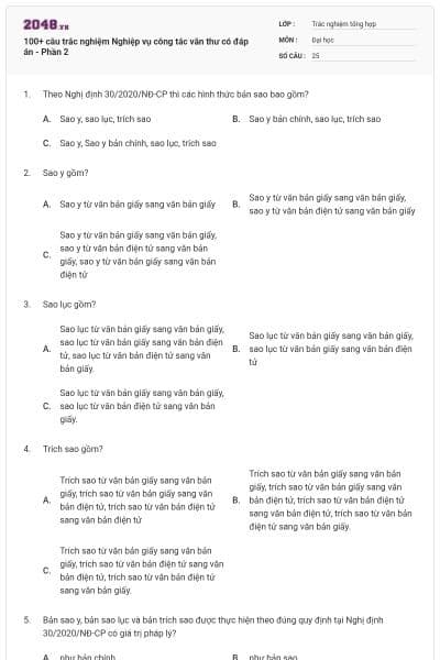 100+ câu trắc nghiệm Nghiệp vụ công tác văn thư có đáp án - Phần 2