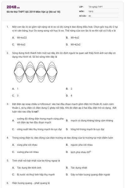 Đề thi thử THPT QG 2019 Môn Vật Lý (Đề số 18)